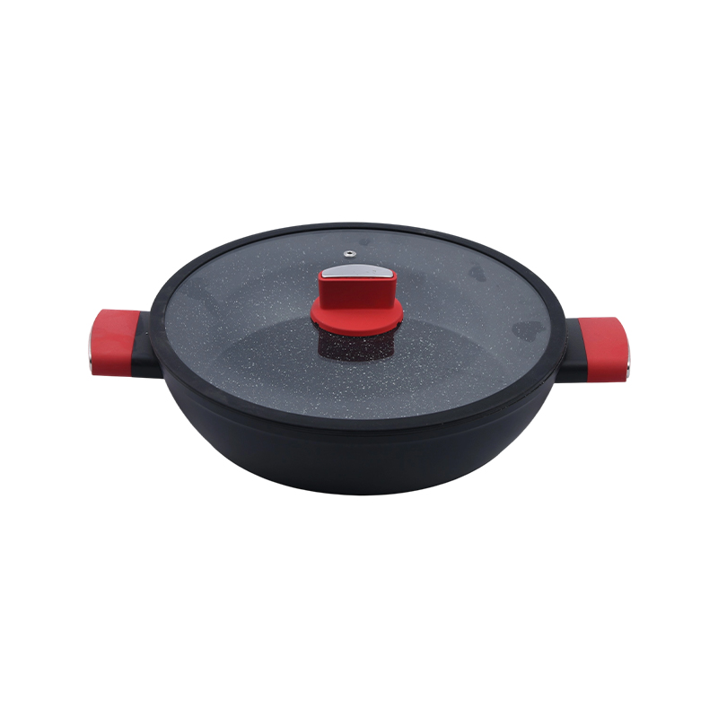 Cazuela de aluminio forjado con tapa de vidrio de borde de silicona